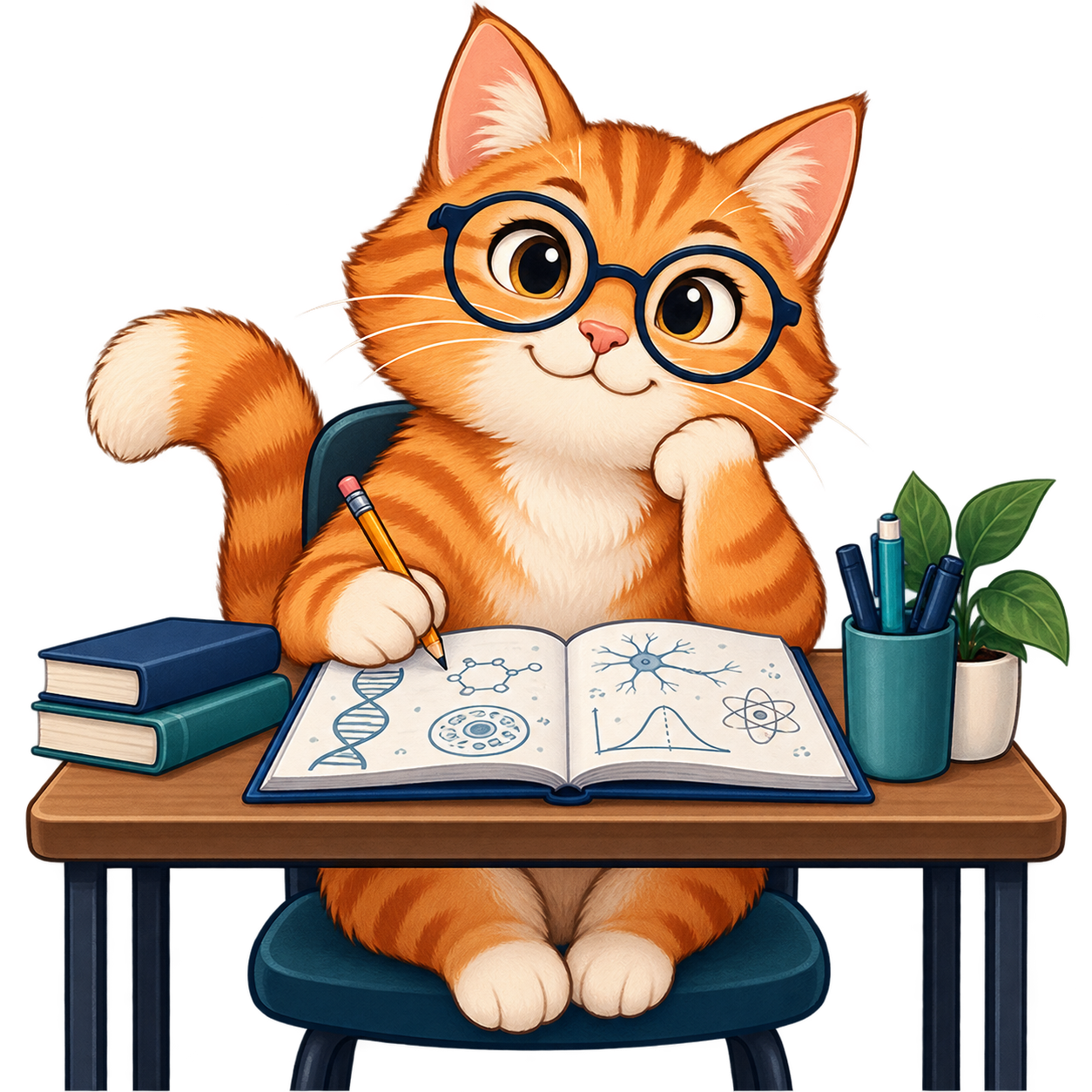 Orange cat mascot studying at a desk